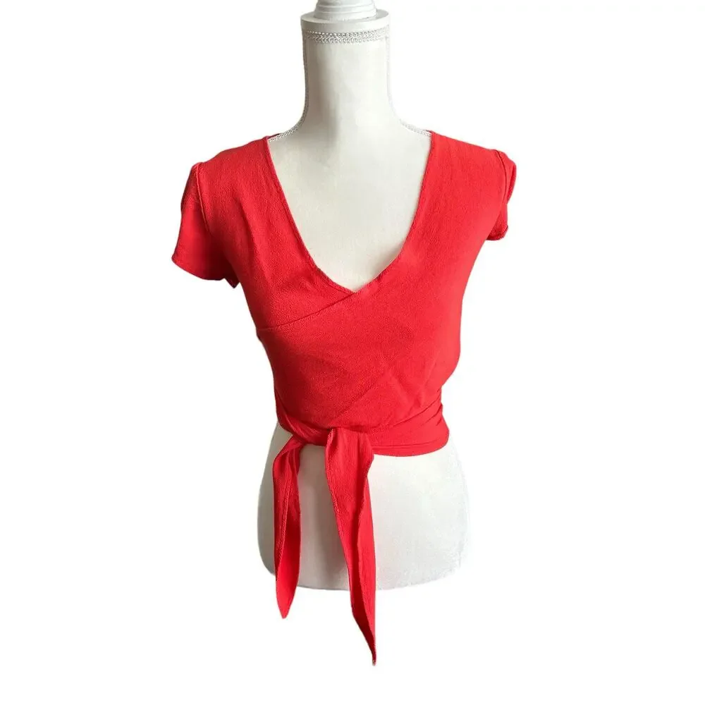 Flynn Skye That's a Wrap Crop Top Flutter Sleeve Coral Size Small Summer Beach - Picture 2 of 10